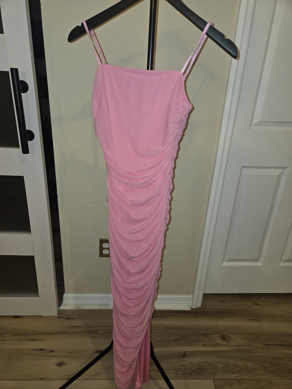 privy Pink Ruched Maxi Dress with Spaghetti Straps